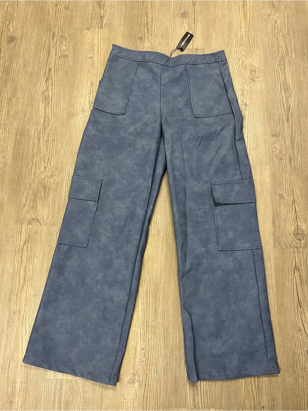 Blue Washed Faux Leather Pocket Detail Extreme Wide Leg Trousers NWT Size 12